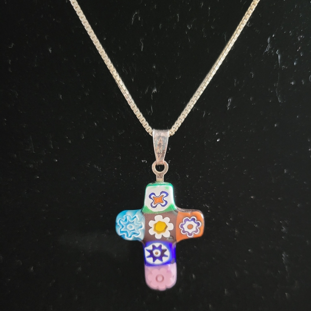 Vintage Antica Murrina Venezia Floral Millefiori Cross Pendant Necklace